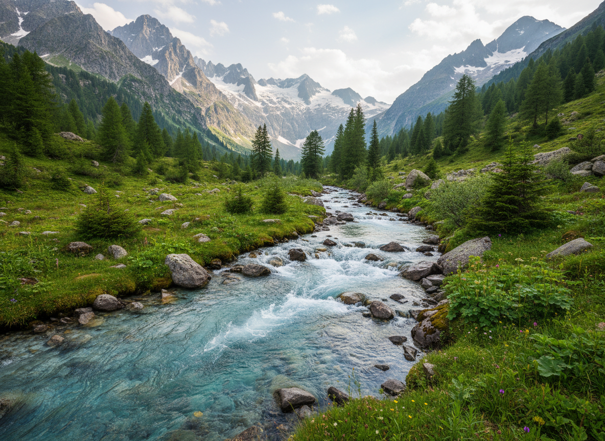 A scenic view of pure mountain water flowing through high alpine peaks, crystal clear streams surrounded by lush greenery and rocks, with a bright natural sky. Modern, inviting, suitable for a website background.