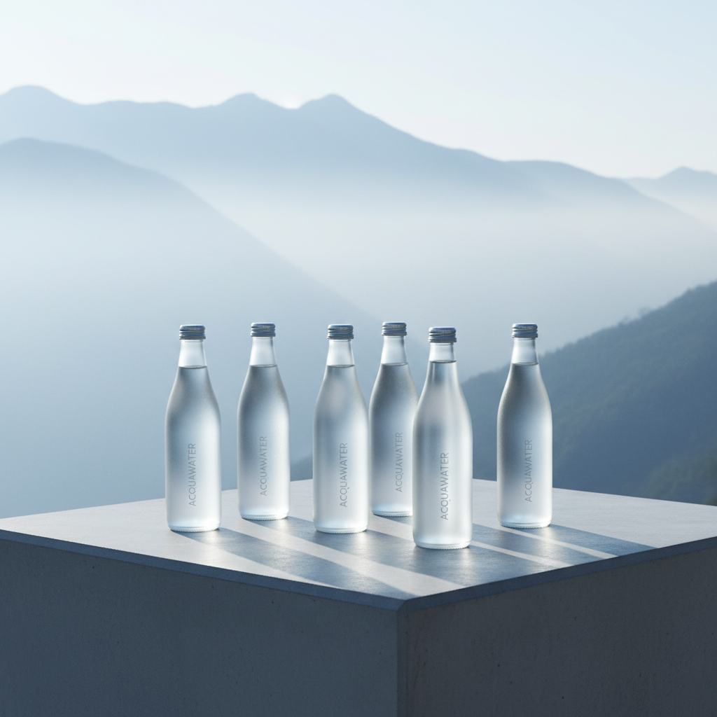 A graceful array of ACQUAWATER’s glass bottles arranged in a minimalist vignette against a foggy mountain ridge backdrop, only delicately visible through a fine, misty haze. The bottles have elegantly frosted finishes and understated silver caps, positioned on a sleek, light concrete plinth with subtle shadowing. Gentle, diffused morning light creates refined gradients and catchlights on the glass, highlighting the bottles’ clean lines without distraction. The overall mood is sophisticated and contemplative, capturing the essence of pristine mountain origins. Compositionally, the bottles are staggered for elegant asymmetrical balance, shot from a slightly elevated angle. The muted color palette and photographic realism reinforce the brand’s emphasis on purity and elegance for a discerning audience.