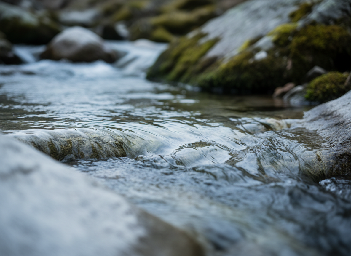 A close-up view of crystal-clear spring water gently cascading over smooth, light grey mountain stones, with delicate ripples forming elegant patterns on the water's surface. The scene is set at the edge of an alpine stream, soft tufts of emerald moss and lichen visible in the blurred background. Cool, overcast daylight gently illuminates the water, creating subtle, shimmering reflections and muted highlights. There is a calm and tranquil mood, achieved by a shallow depth of field and a softly focused background. The composition follows the rule of thirds, creating an artful yet understated balance. Embodying minimalist photographic style, the image uses sleek, refined details and a harmonious, muted palette to evoke purity and natural freshness, reflecting sustainability and brand trust.